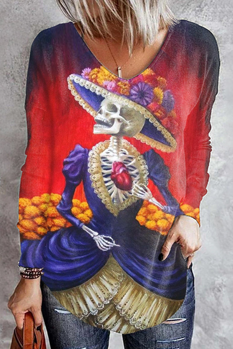 Skull Bridal Print Long Sleeve T-Shirt