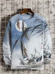 Ink Painting Bamboo Bird Print Casual Sweatshirt