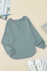 Women's Green Buttoned V Neck Cotton Loose Fit Top