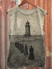Vintage Monochrome Lighthouse Print Vest