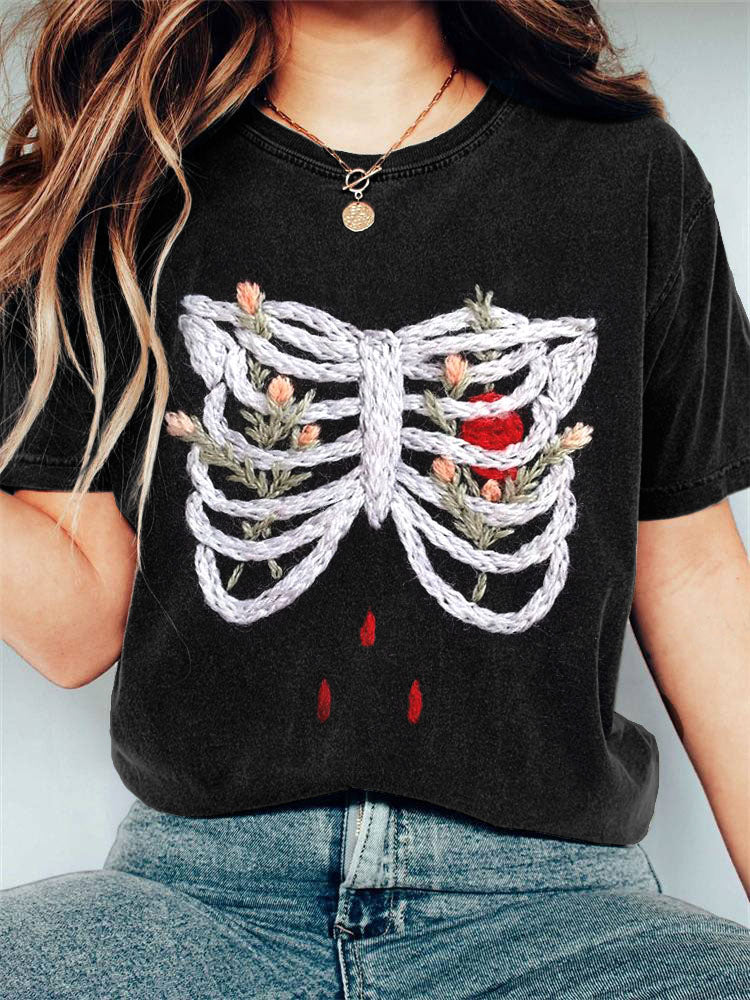 Women's Halloween Skull Embroidery Pattern Vintage T-shirt
