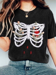 Women's Halloween Skull Embroidery Pattern Vintage T-shirt