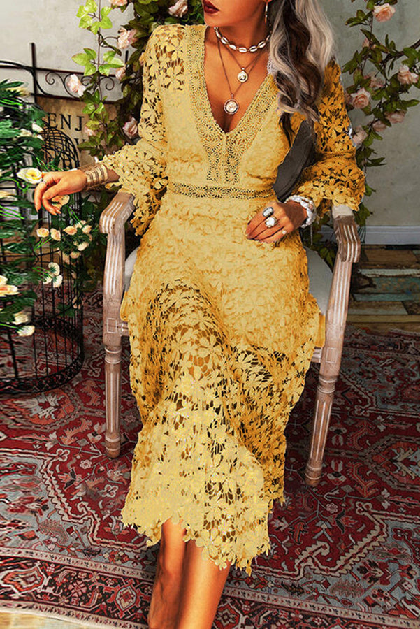 For The Love of Lace Flower Pattern Patchwork Bell Sleeve Midi Dress