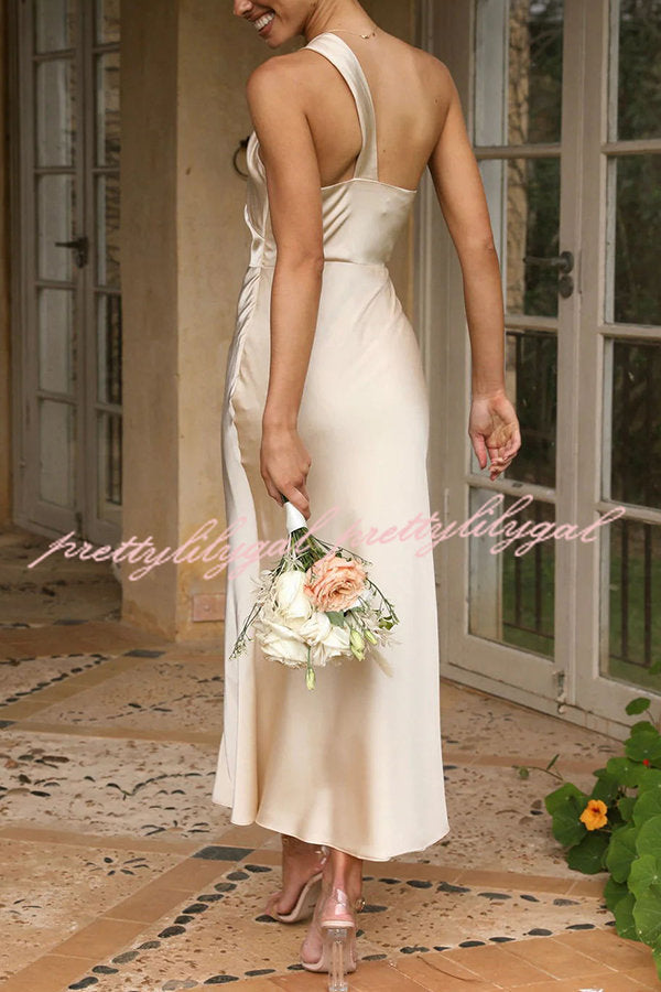 Carrie Satin Drape Twist Detail One Shoulder Midi Dress