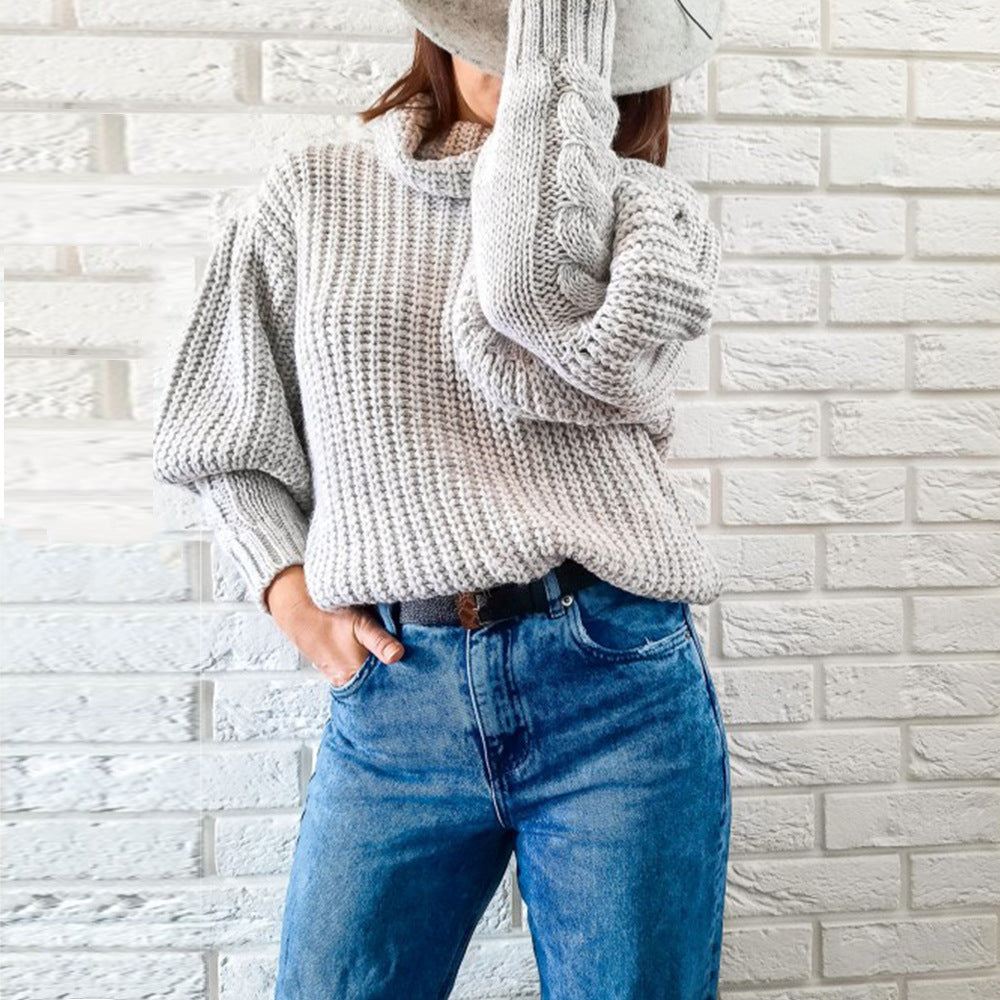 Puffed sleeves loose slouchy high neck knit top