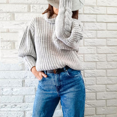 Puffed sleeves loose slouchy high neck knit top