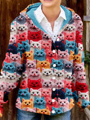 Colorful Cute Cats Embroidered Comfy Hooded Cardigan
