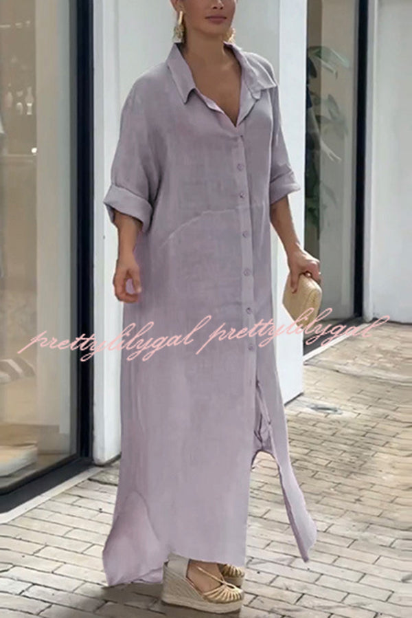 Linen Blend Solid Long Sleeve Buttoned Loose Shirt Style Maxi Dress