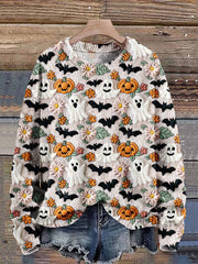 Ghost Flower Pumpkin Autumn Season Halloween Art Print Knit Pullover Sweater