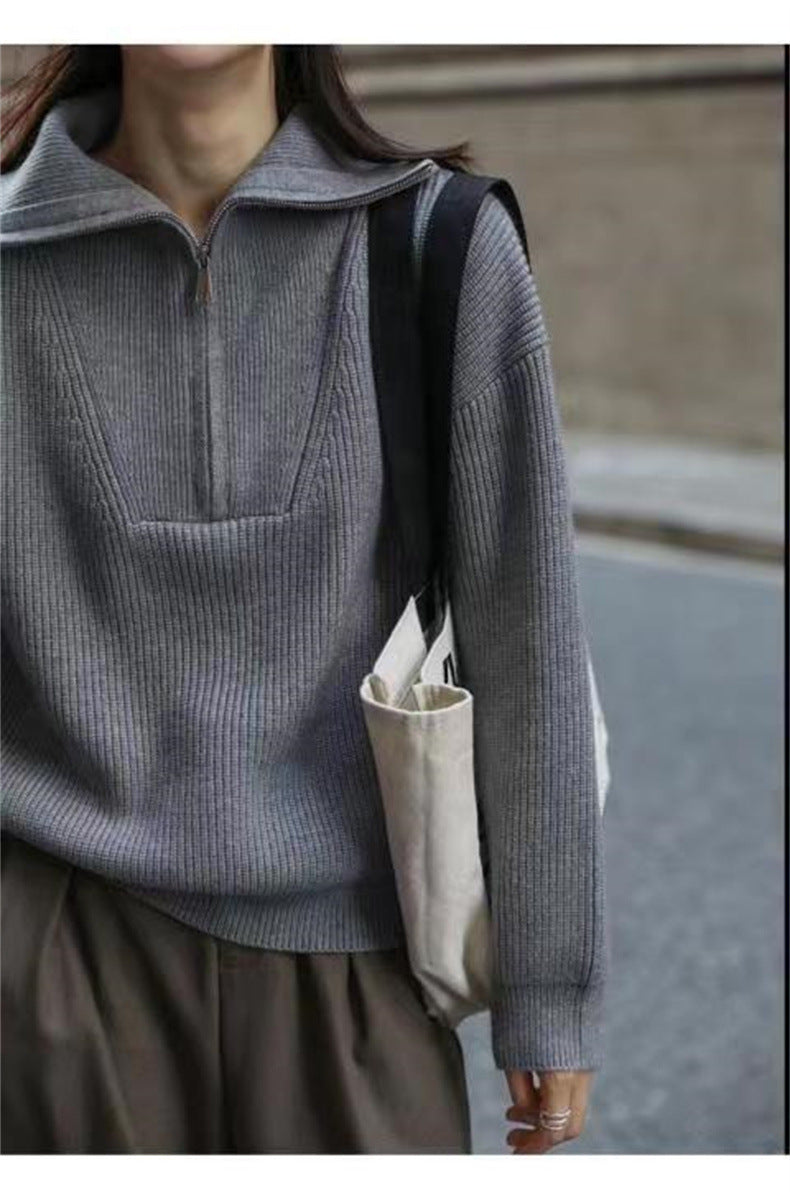 Two Wear Half Zip Large Lapel Soft Waxy Sweater