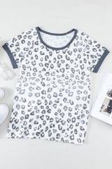 Women's Womens Short Sleeve O Neck Gray Trim Leopard Tee