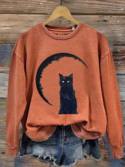 Retro Cat Print Crew Neck Sweatshirt