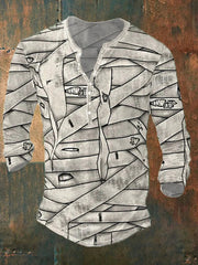 Men's Halloween Mummy Print Button Long-Sleeve T-Shirt