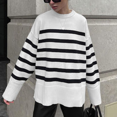 Black and White Striped Loose Sweater