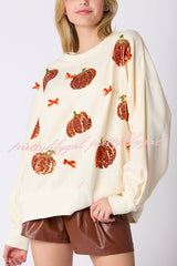 Halloween Colorful Pumpkin Embroidered Loose Casual Sweatshirt