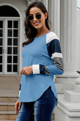 Women's Womens Color Block Long Sleeves Blue Pullover Top