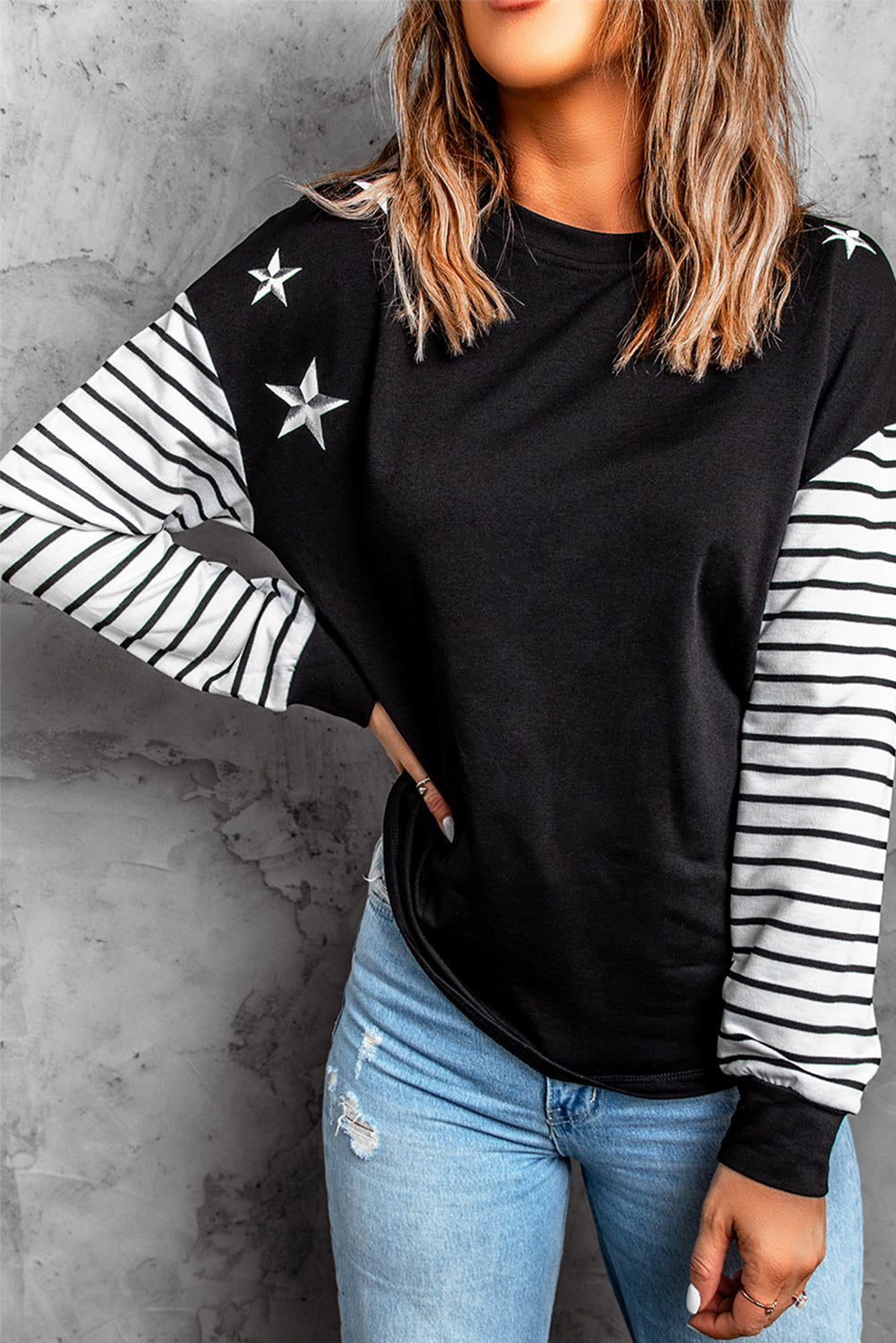 Women's Black Striped Star Long Sleeve Top