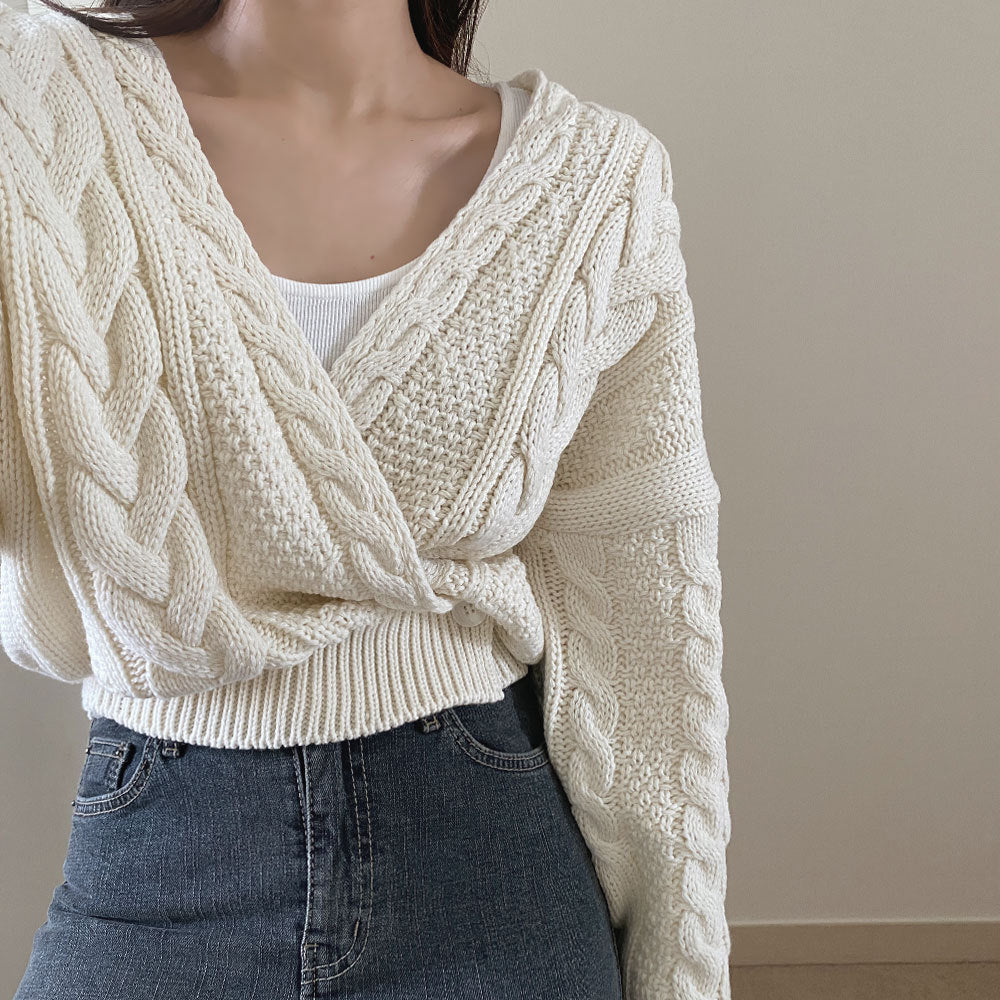 V-Neck Sweater Cropped Linen Pattern Knit Sweater