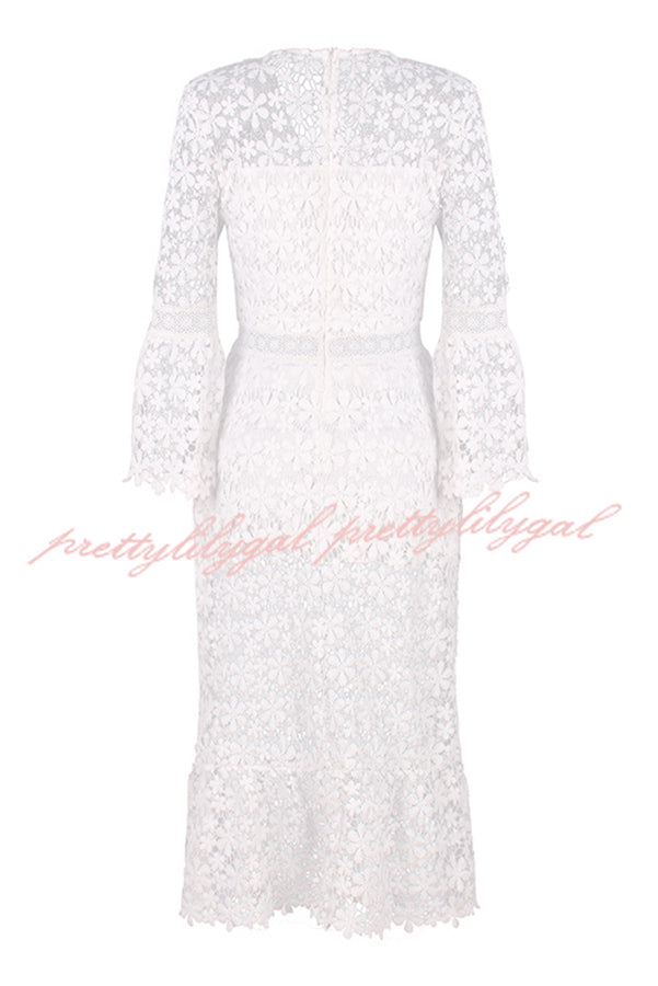 For The Love of Lace Flower Pattern Patchwork Bell Sleeve Midi Dress