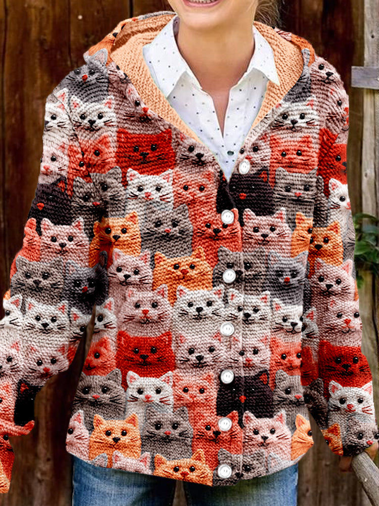 Colorful Cute Cats Embroidered Comfy Hooded Cardigan