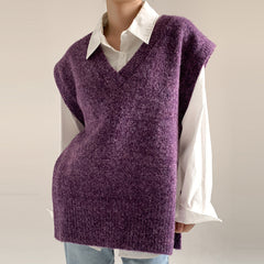 V-neck knitted wool oversized slouchy vest sweater