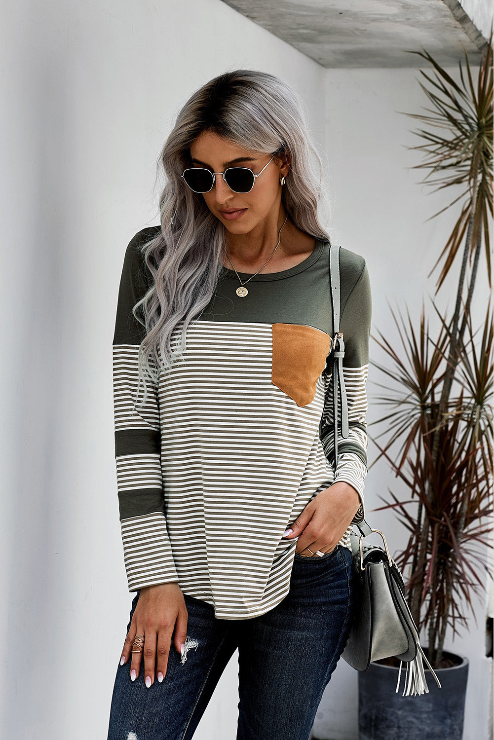 Women's Green Pinstripe Patch Pocket Long Sleeve Top