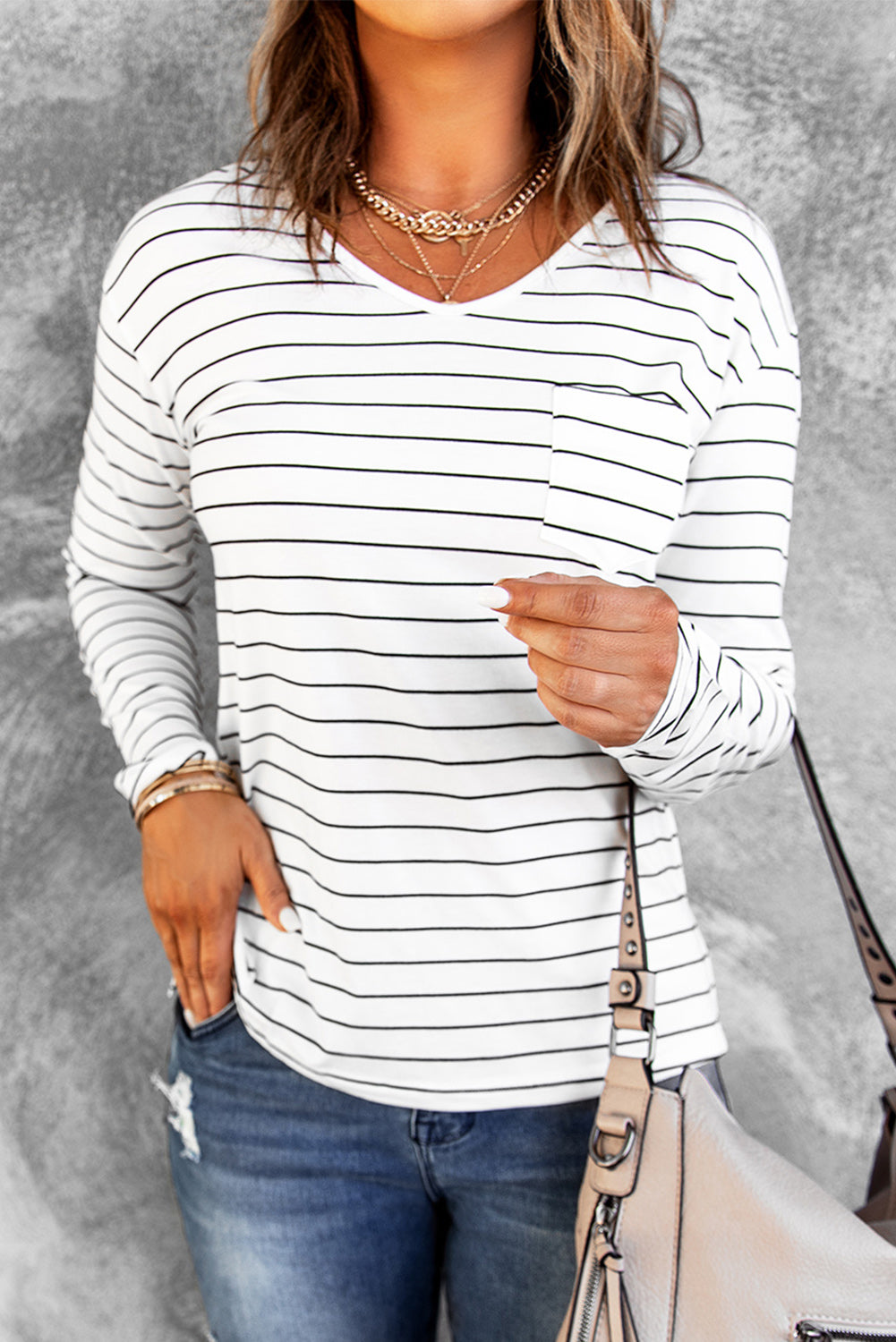 Women's Striped V Neck Long Sleeve Top