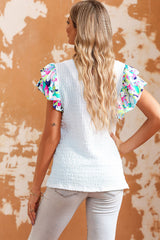 Women's White Printed Puff Sleeve Textured Top