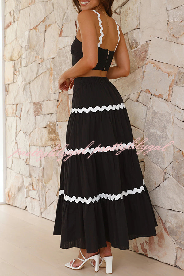Island Beauty Wave Trim Patchwork Crop Tank and Elastic Waist Skirt Set