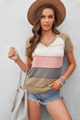 Women's Multicolor Stripe Print V Neck Short Sleeve Knitted Top