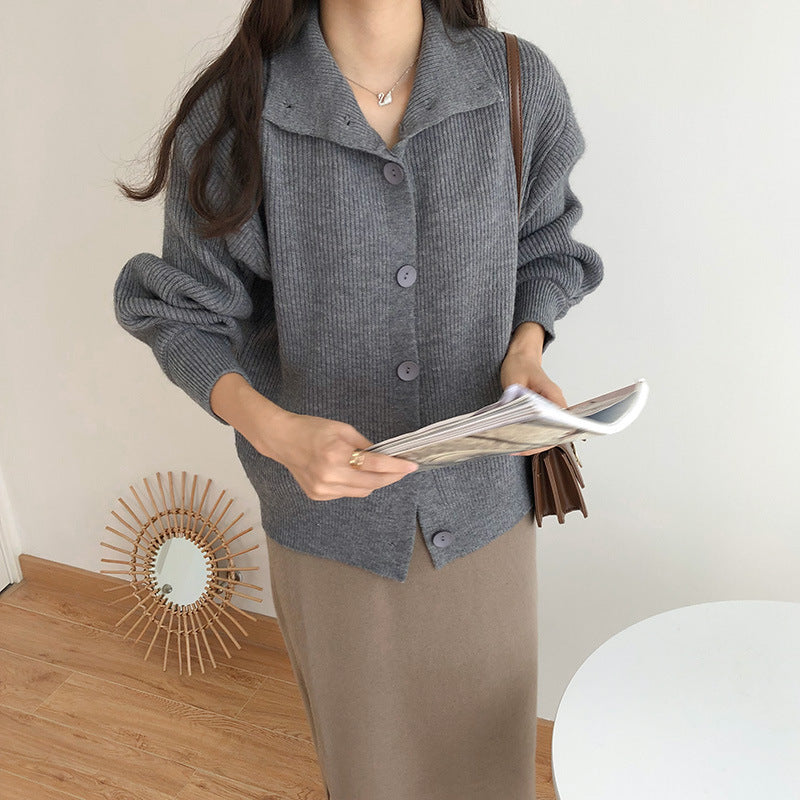 High-Necked Thick Loose Western-Style Knitted Cardigan
