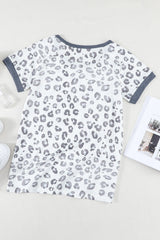 Women's Womens Short Sleeve O Neck Gray Trim Leopard Tee