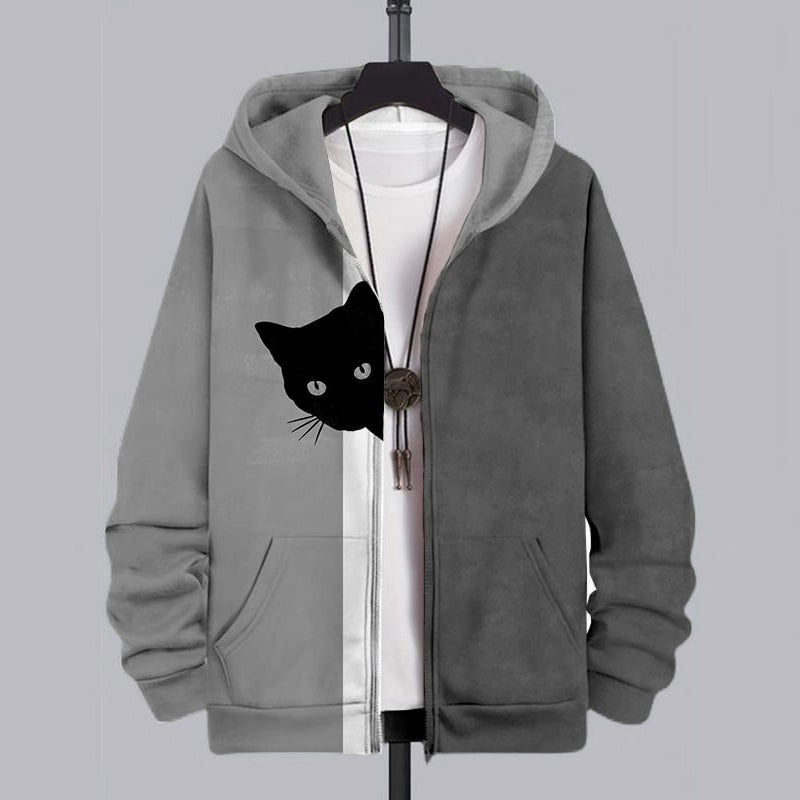 Men's Fun Hide And Seek Black Cat Print Hooded Zip-Up Jacket