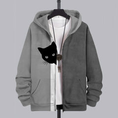 Men's Fun Hide And Seek Black Cat Print Hooded Zip-Up Jacket