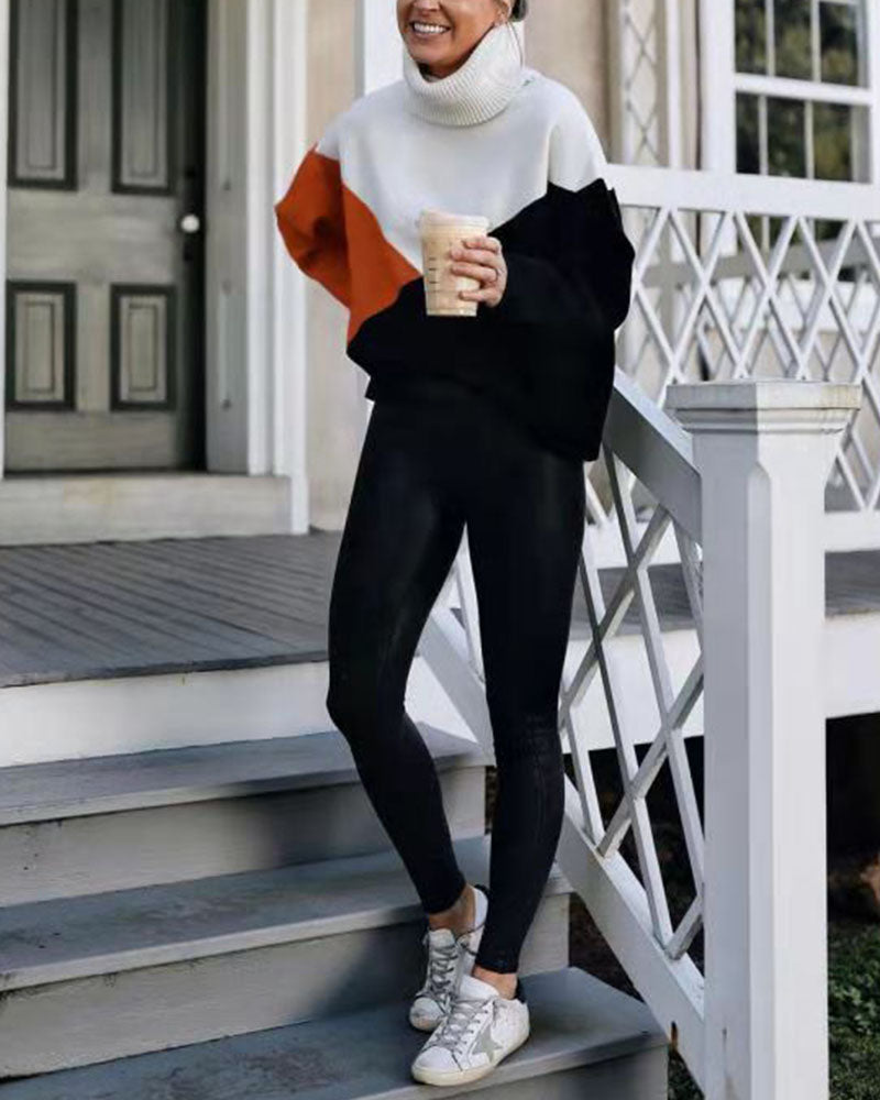 Women's autumn and winter stitching plaid loose sweater