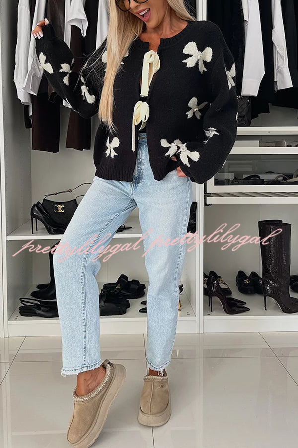 Vernie Knit Jewelry Pendant Bow Pattern Front Tie-up Long Sleeve Loose Cardigan