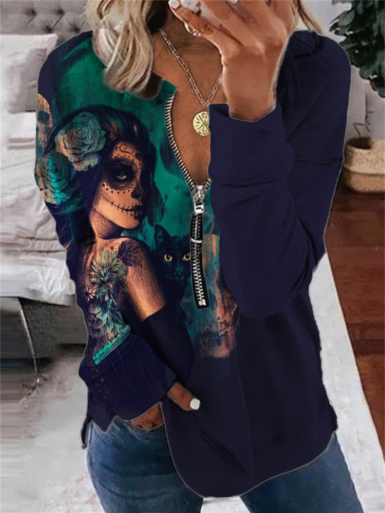 Day of the Dead Woman with Black Cat Zip Up Sweatshirt