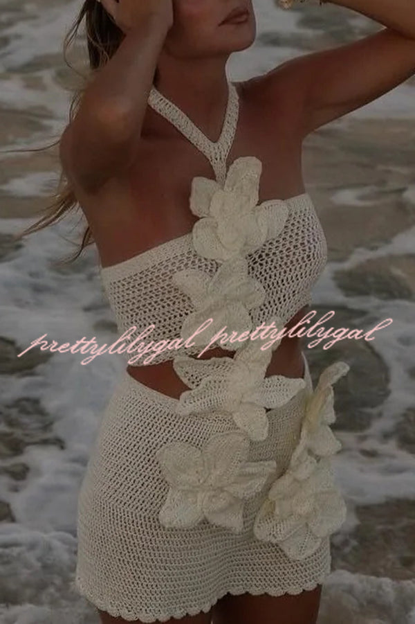 Mermaid Song Crochet Knit Three Dimensional Halterneck Cutout Stretch Mini Dress