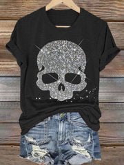 Shiny Rhinestone Skull Pattern Short Sleeve T-Shirt