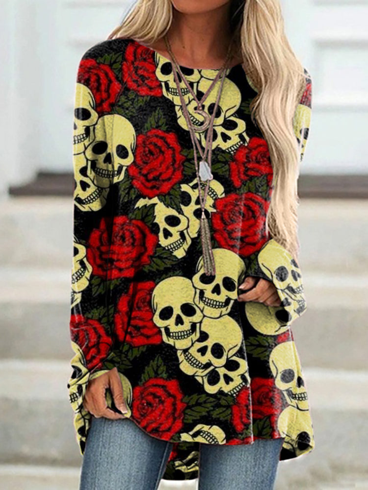 Rose Skull Print Long Sleeve Tunic