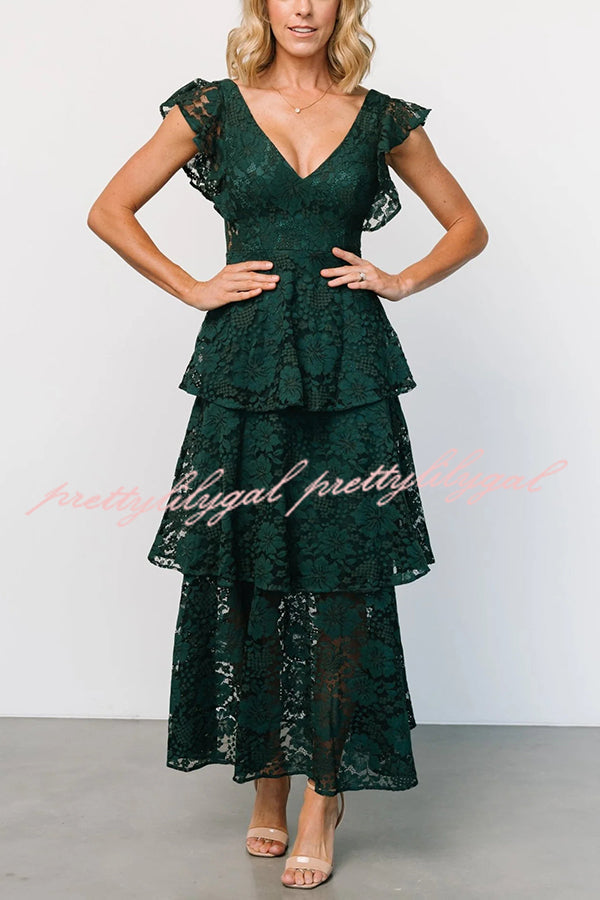 Solid V-neck Ruffled Sleeves Cinched Waist Maxi Dress
