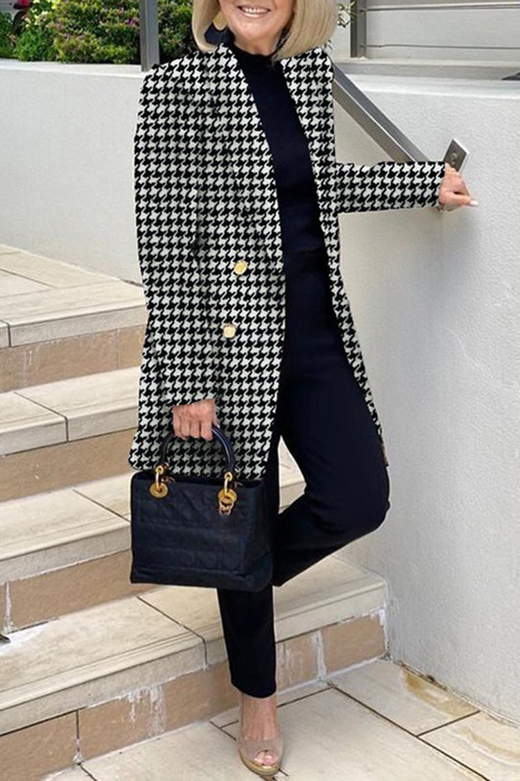 Casual Mid Length Houndstooth Print Suit Collar Woolen Coat