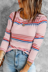 Women's Pink Stripe Print Crew Neck Top