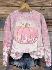 Halloween Pumpkin Breast Cancer Awareness Print Casual Sweatshirt