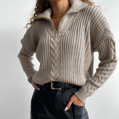 Polo Neck Twist Sweater Loose Casual Zipper Sweater