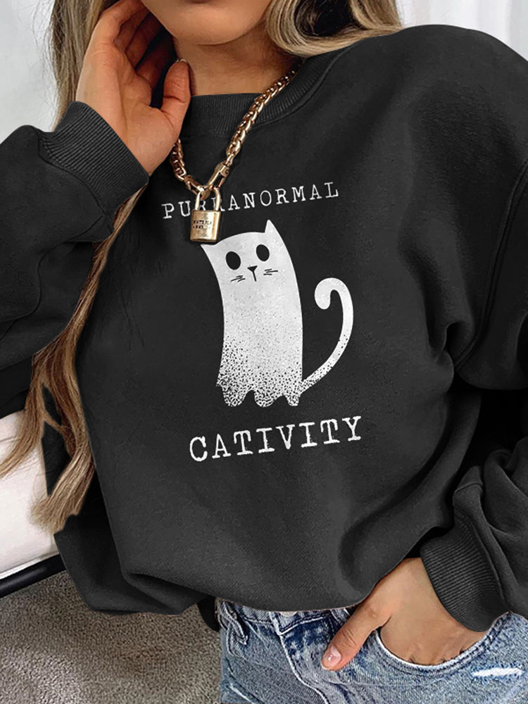 Long Sleeve Ghost Cat Print Sweatshirt
