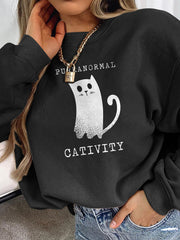 Long Sleeve Ghost Cat Print Sweatshirt