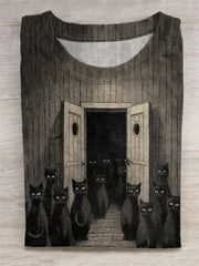 Vintage Quirky And Ominous Cat Print Round Neck Casual T-Shirt