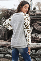 Women's Fashion Gray Round Neck Leopard Long Sleeve Top