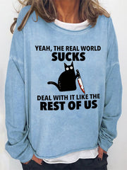 Cat Print Crew Neck Long Sleeve Casual Sweatshirt